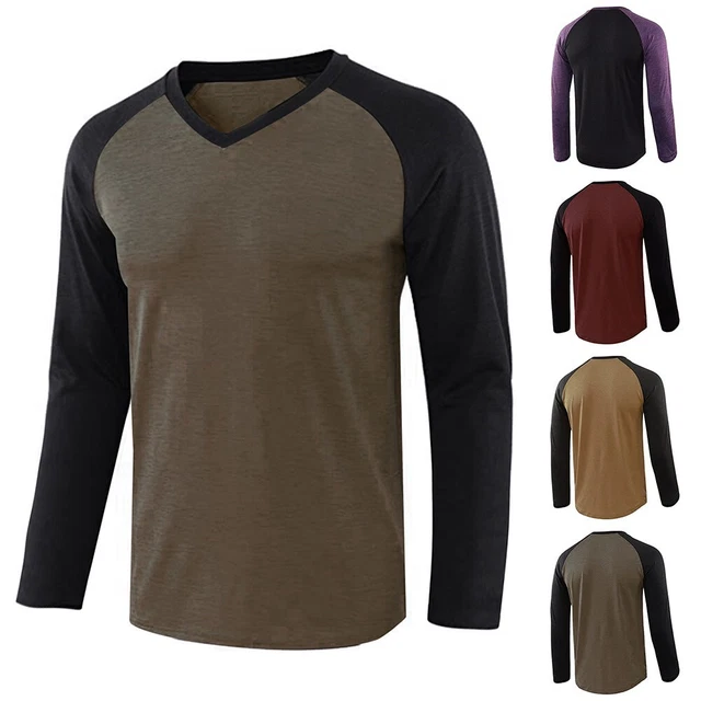 Uomo Top da Uomo Raglan SPORTS T-Shirt Maglietta Top Scollo A V Cotone