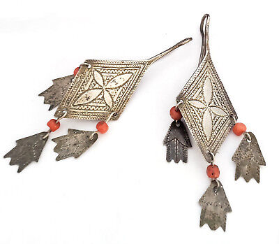 Antique Moroccan Old Berber Earrings Silver coral Ethnic Tribal