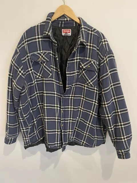 Wrangler 2XL Lined Quilted Shirt Jacket Plaid Blue Shacket Button Down