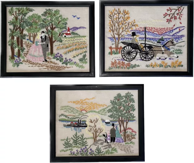 Vintage 70’s Finished Crewel Needlepoint Framed Picture Set Of 3 Courting Couple