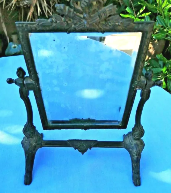 Ancien miroir biseauté pivotant à poser décor Louis XVI en régule 19 ème