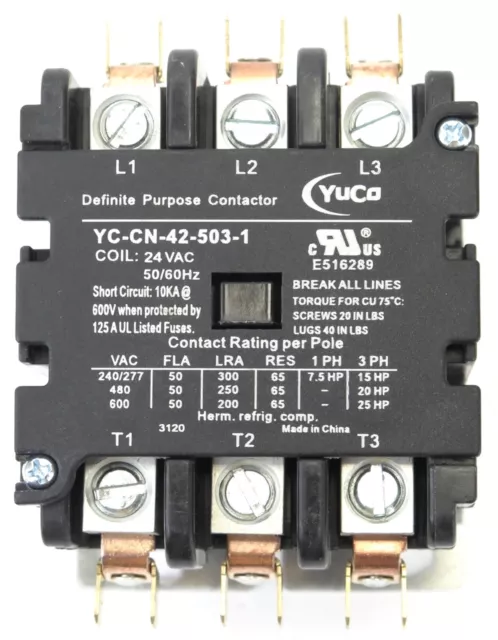 YC-CN-42-503-1 50A 600V 3P DP Contactor 24V Coil fits Siemens Furnas 42DF35AJ