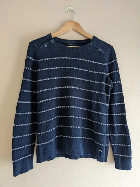 Tommy Hilfiger Navy/White Cotton Pattern Knit Round Neck Jumper - Women's Medium
