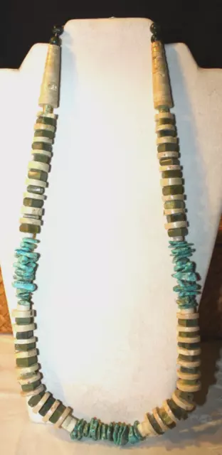 28” Santo Domingo Kewa Turquoise Nugget Serpertine Magnesite Heishi Necklace