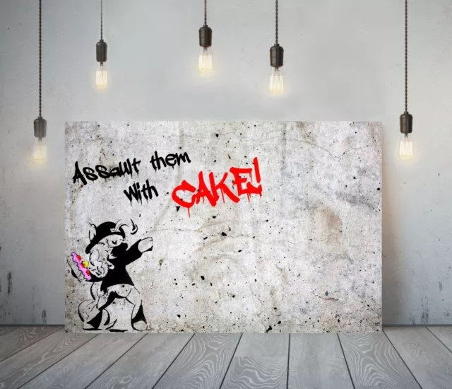 Banksy Assault Them With Cake -Deep Framed Canvas Wall Art Graffiti Print- Red