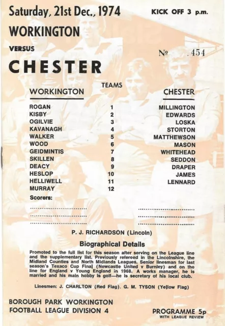 Football Programme>WORKINGTON v CHESTER Dec 1974