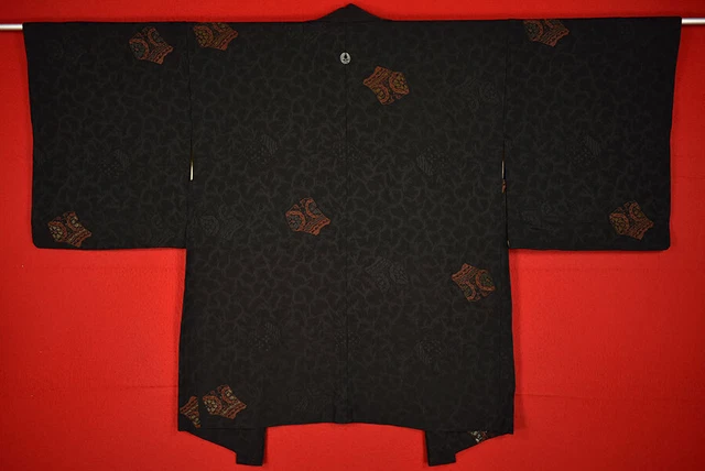 Vintage Japanese Kimono Silk Antique BORO Black HAORI Kusakizome Woven/B253/520