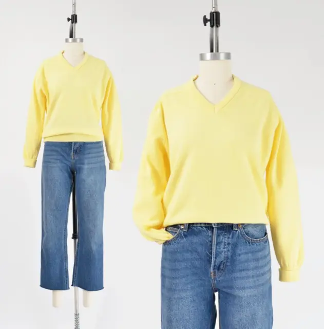 Vintage 70s Lemon Yellow Sweater V Neck Raglan Sleeve Acrylic Knit Top M