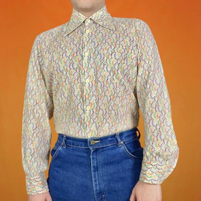 70s Vintage Funky Pattern Shirt Retro Abstract Rainbow Hawaiian Dagger Collar