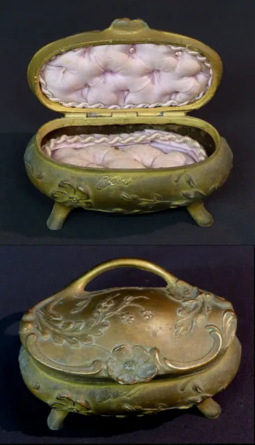 C 1900 superbe coffret art nouveau boite bijoux écrin bronze capitonné 630g14cm