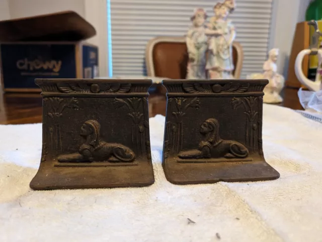 Antique Egyptian Revival Brass Bookends Sphinx