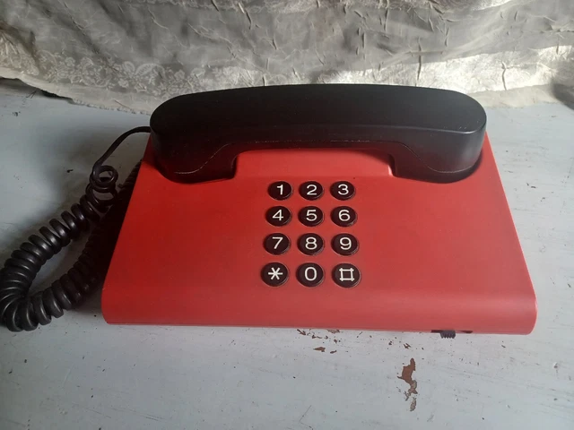 Vintage Telephone, Push Button, Danmark Designer PHONE Collectible Black, Red