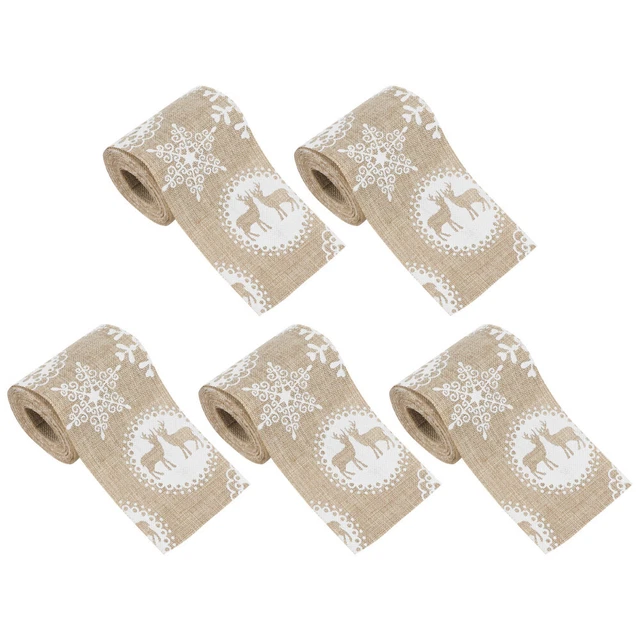 5 Pcs Craft Christmas Ribbon Snowflake Wired Linen Printed Burlap