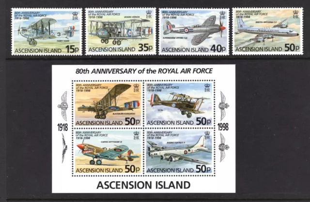 M22819 Ascension 1998 SG742/5+MS746 QEII: RAF plus mini sheet. UMM, Cat £13