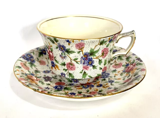 Vtg Pre-1960 Royal Winton Grimwades Ivory Old Cottage Chintz Flat Cup & Saucer