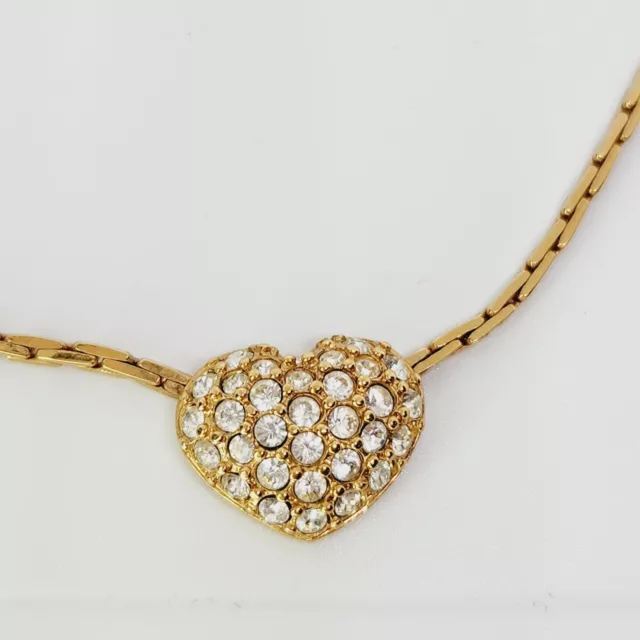 Retired Swarovski Signed w/Swan Pave Crystal Gold Plated Puffy Heart Necklace