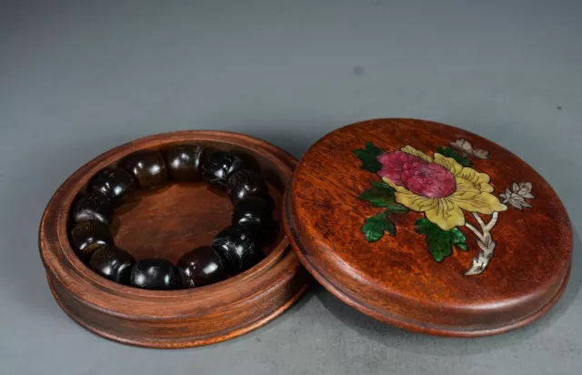 Noble tibet ox horn carved bead bangle bracelet +inlay shell flower rosewood box