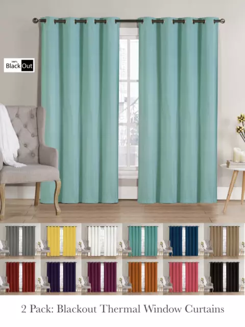 2 Pack: Hotel Thermal Grommet 100% Blackout Curtains - Assorted Colors & Sizes