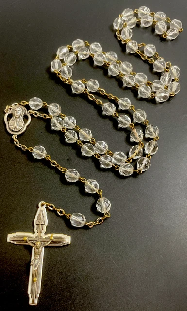 Rosario de 5 décadas de cristal facetado vintage, centro de tono plateado y crucifijo Italia