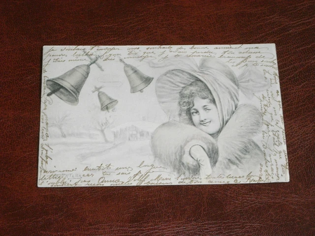 Original  Patella  Signed Art Nouveau Glamour Postcard - Lady & Bells.