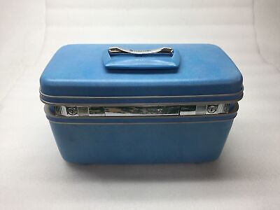 Vintage Blue Samsonite Royal Traveller Cosmetic Train Case + Mirror NO Tray/Keys