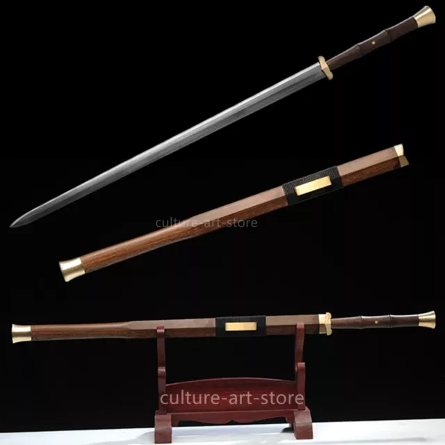 Handmade Damascus Folded Steel Blade Chinese Long Han Jian Rosewood Sharp *****