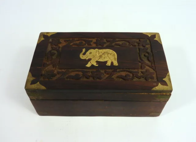 Wooden Lidded Trinket Box With Brass Elephant Design - No Makers Name