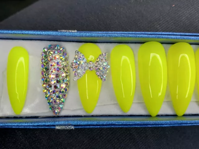 Neon yellow bling coffin Nail w/ crystal bow press on nails kylie long stiletto