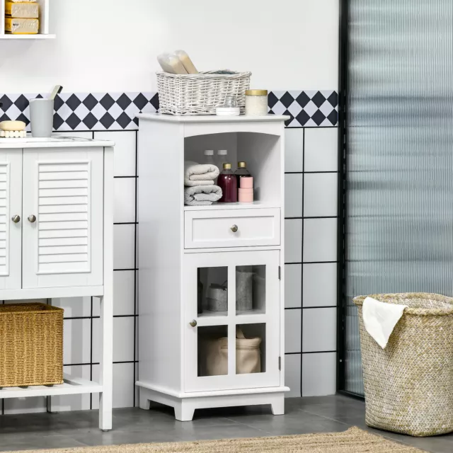 Glass Door Multifunctional Bathroom Floor Cabinet Corner Unit with Drawer White