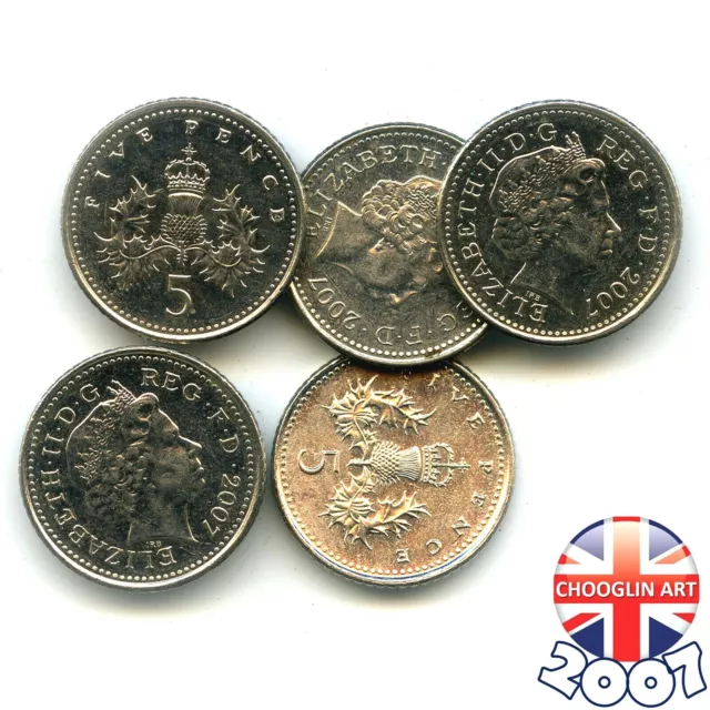 Set of (x5) BRITISH 2007 ELIZABETH II FIVE PENCE 5p coins, 17 Years Old!