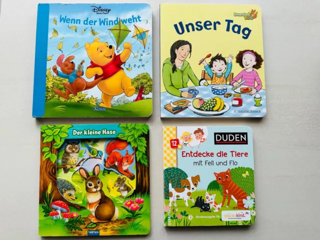 4x Papp-Bilderbücher Baby Buch Unser Tag, Entdecke die Tiere, Der kleine Hase