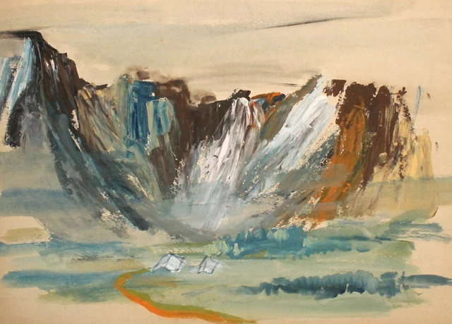 Tableau Ancien Gouache De Raymond Vernet - Paysage D'Espagne Sur Panneau - Peinture Vintage
