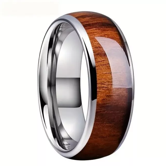 Mens Rings Wedding Anniversary Titanium Stainless Steel Hawaiin Wood Inlay Ring
