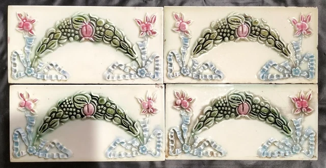 Antique Glazed porcelain Majolica 4 tile 3"x 6" Art & craft Border frame display