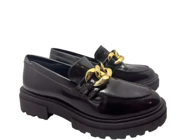 STEVE MADDEN MAKIRA Black Faux Leather Lug Sole Chain Loafers Size 7M £ ...