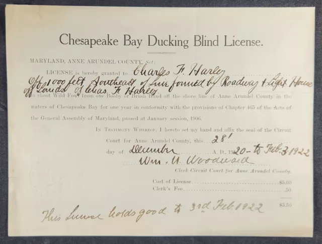 Chesapeake Bay DUCK HUNTING LICENSE - 1922 - Maryland