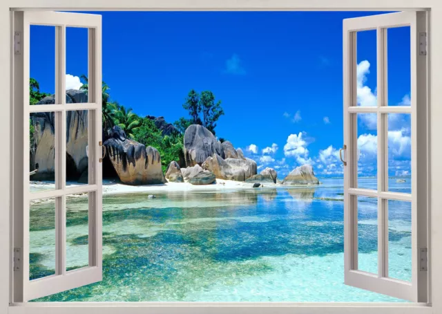 Caribean Beach Sea  Scene View Through Window  Canvas Print Wall Art Picture Uk