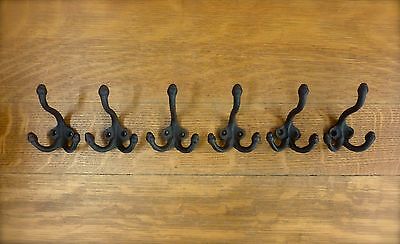 6 BROWN ANTIQUE-STYLE TRIPLE THREE COAT HOOK CAST IRON rustic wall hardware hat 3