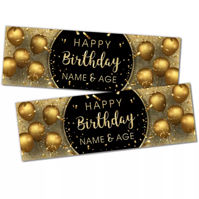 2 x 3FT Small Banner Happy Birthday Personalised Banners Black Gold Print