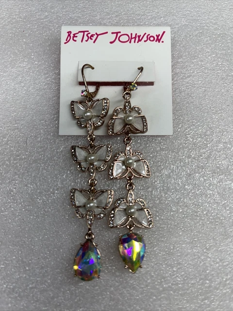 Betsey Johnson White Butterfly Pearl Rhinestone Drop Earrings Nwt Rare