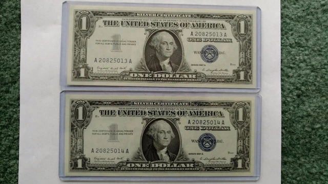 Two Consecutive 1957 A $1 Silver Certificates-Crisp Uncirculated Nice  Sharp.