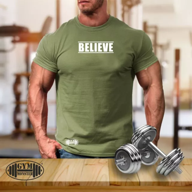 Believe T Shirt Gym Clothing Bodybuilding Training Workout Exercise Fitness Top