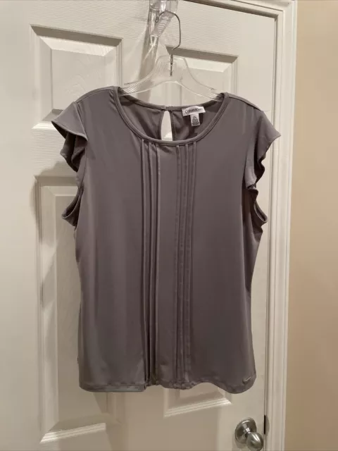 Calvin Klein Womens Sz L Short Sleeve Beautiful gray Top Blouse so cute!!