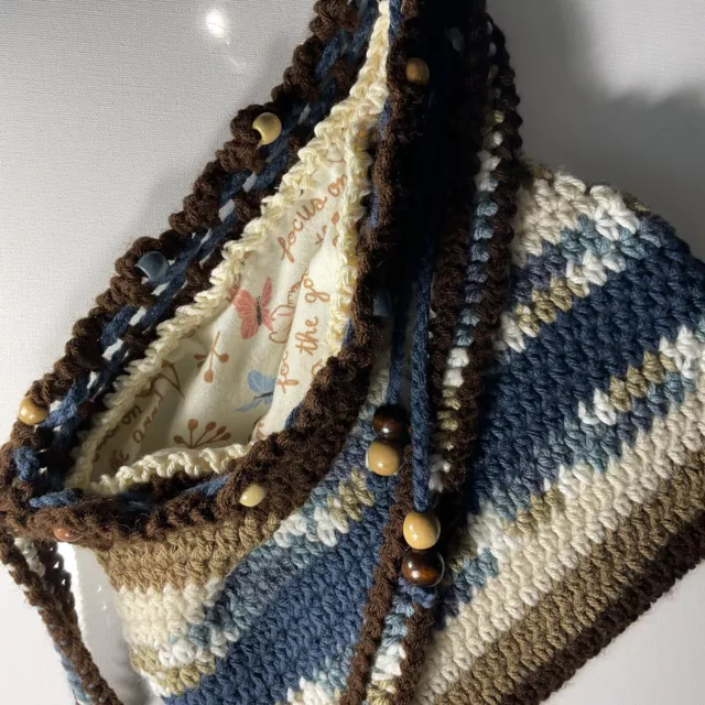 Crochet Bead XBODY Tote Purse BLUE BEIGE BROWN CREAM MAUVE Liner Rev LARGE