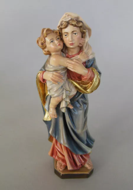 Mutter Gottes mit Kind 15cm hoch Holz bemalt Marienfigur Farbfehler am Sockel N2