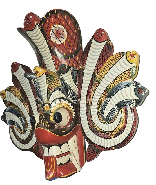Large Sri Lanka Hand Made Carved Wooden Mask, Naga Raksha, Snake Demon In VGC
