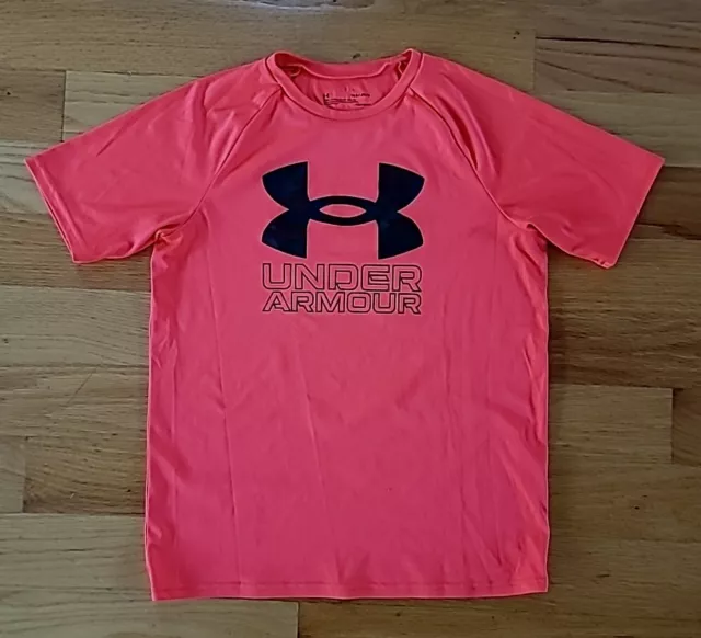 Under Armour Boys Kids Youth Large Neon Orange Logo Short Sleeve Shirt Athletic