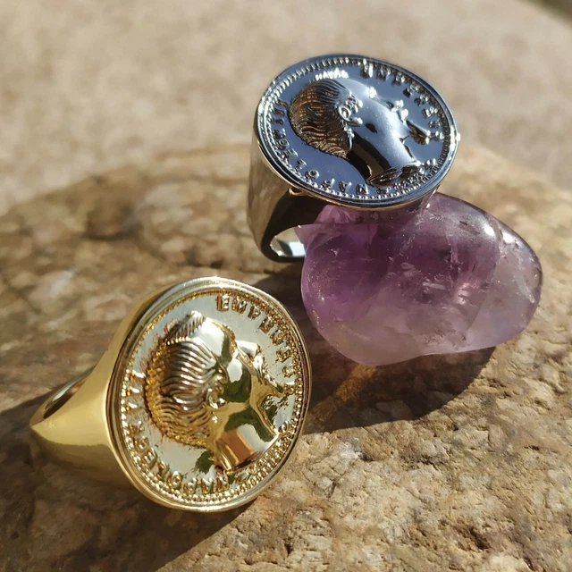 Chevalière Argentée Avec Pièce Napoléon 1er En Acier - Bague Homme Style Vintage