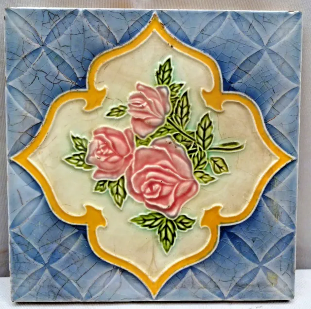 Vintage Tile Majolica Art Nouveau Three Pink Rose Design Ceramic Porcelain Japan