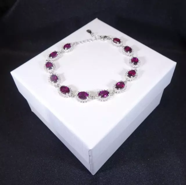 8.35ct Natural Rhodolite Garnet & White CZ Solid Sterling Silver Halo Bracelet